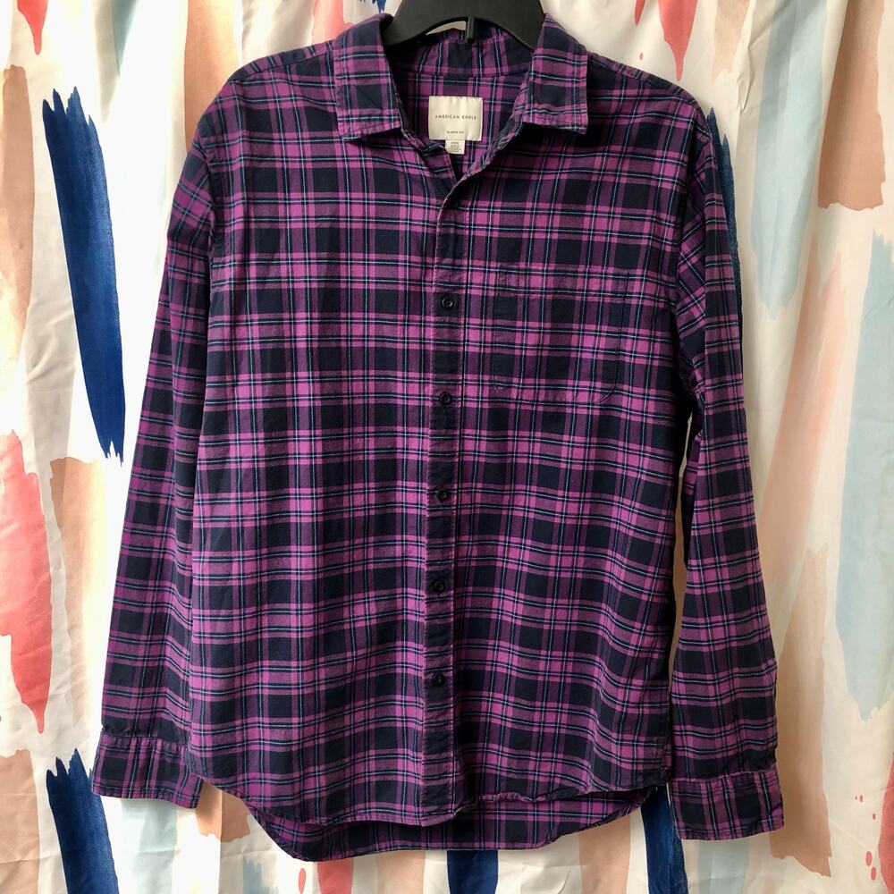 American Eagle Men’s Classic Fit Plaid Long Sleeve Button Down Shirt Size Large